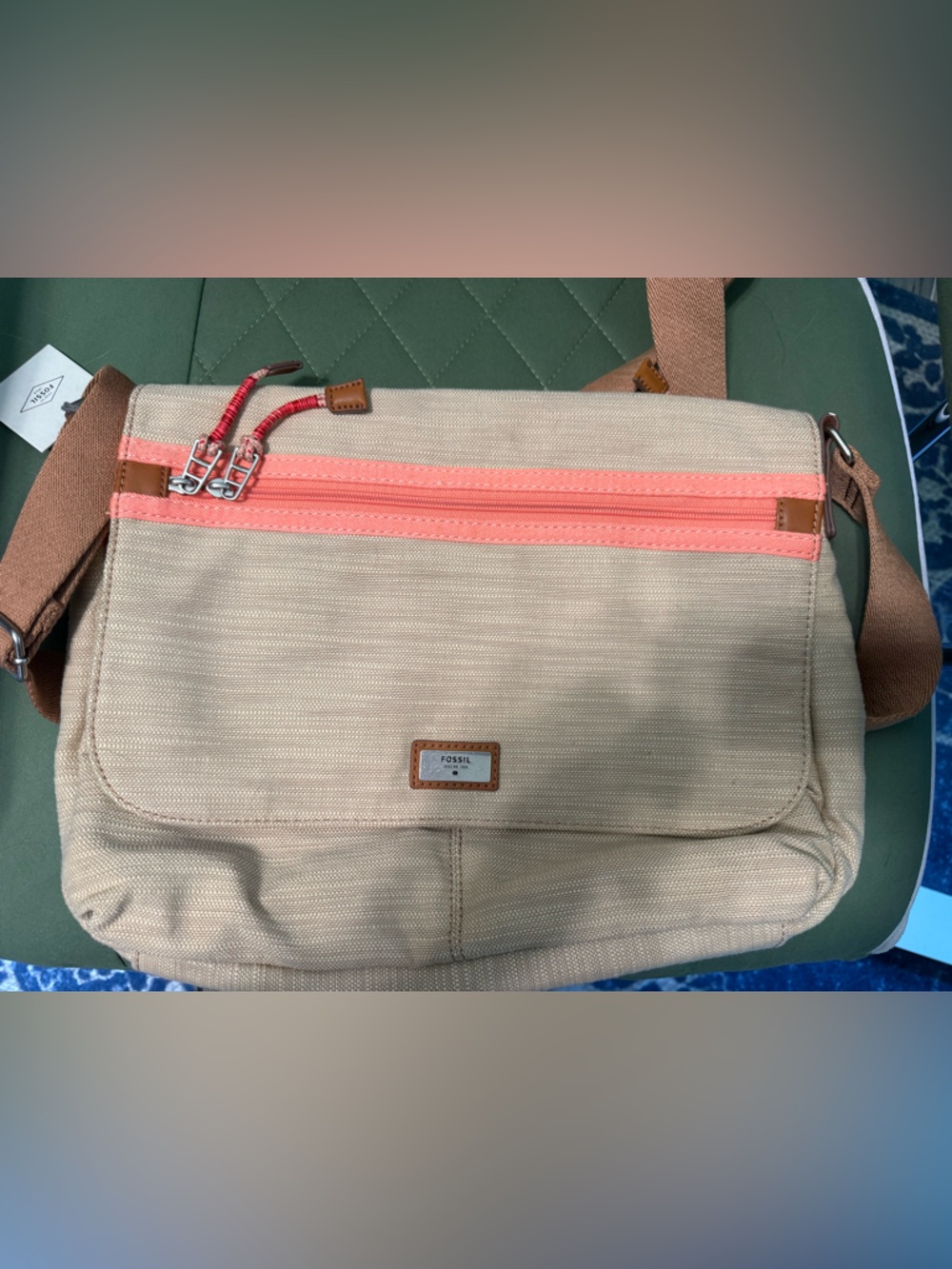 Fossil Neutral Canvas Crossbody Bag with Brown Strap Pink Accents NWT